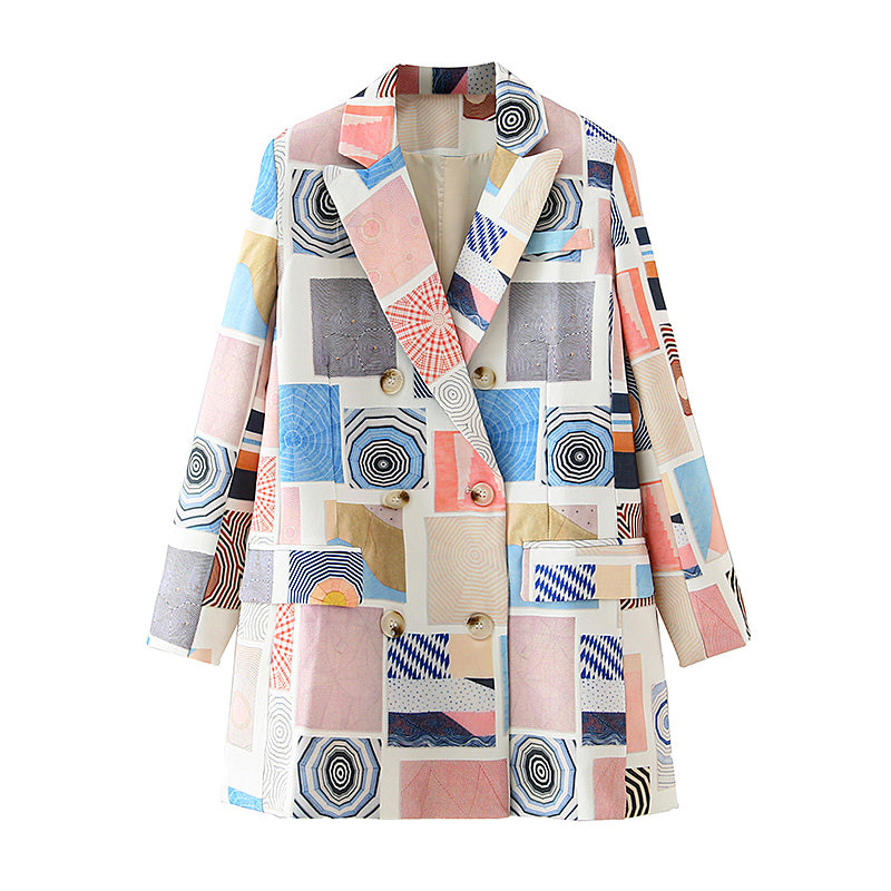 Women's New Graffiti Print Double Breasted Suit Jacket