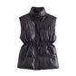 Fashion All-match Drawstring Waist Slimming Faux Leather Waistcoat Cotton Jacket
