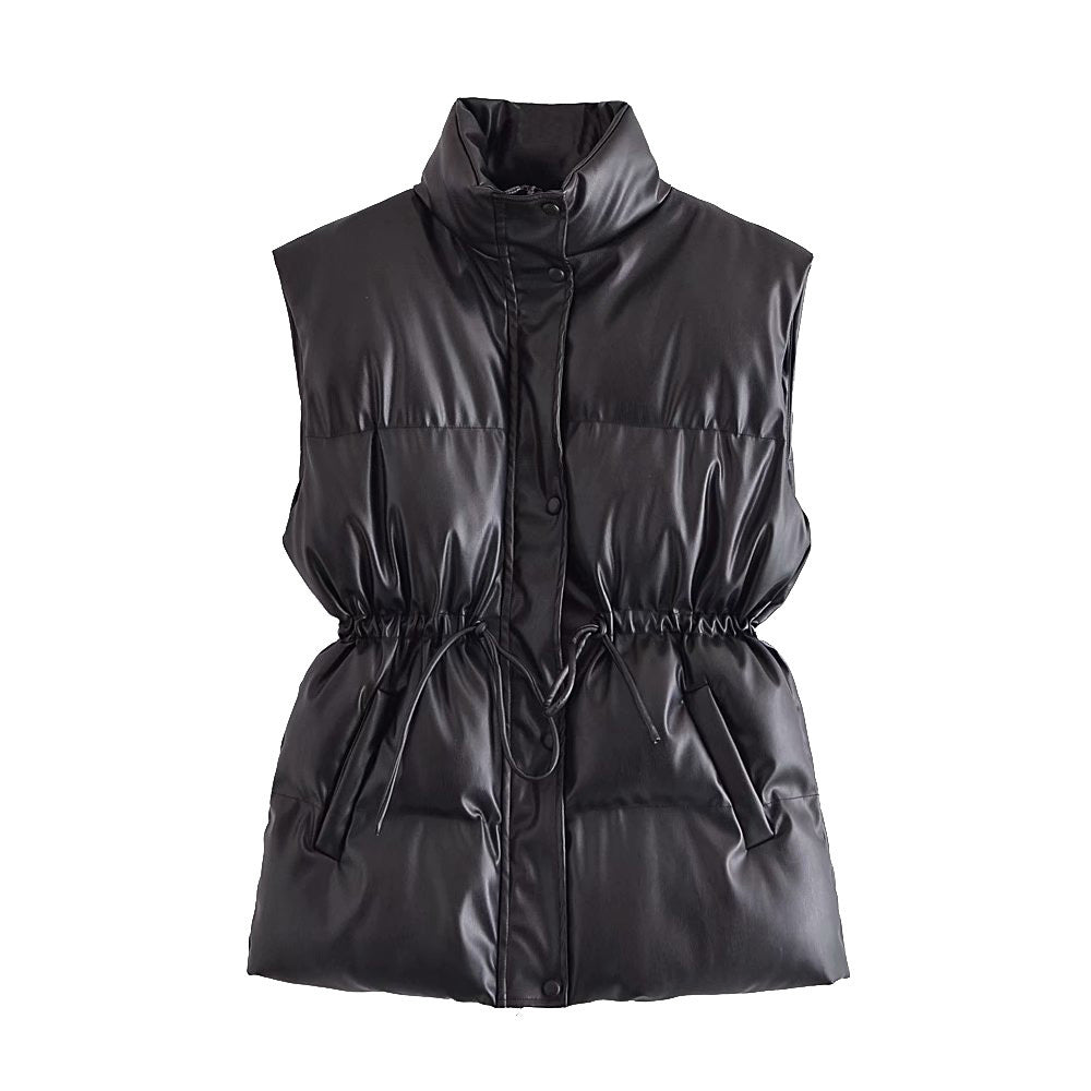 Fashion All-match Drawstring Waist Slimming Faux Leather Waistcoat Cotton Jacket
