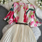 Round Neck Waist Trimming Slimming A- Line Pleated Printed Dress