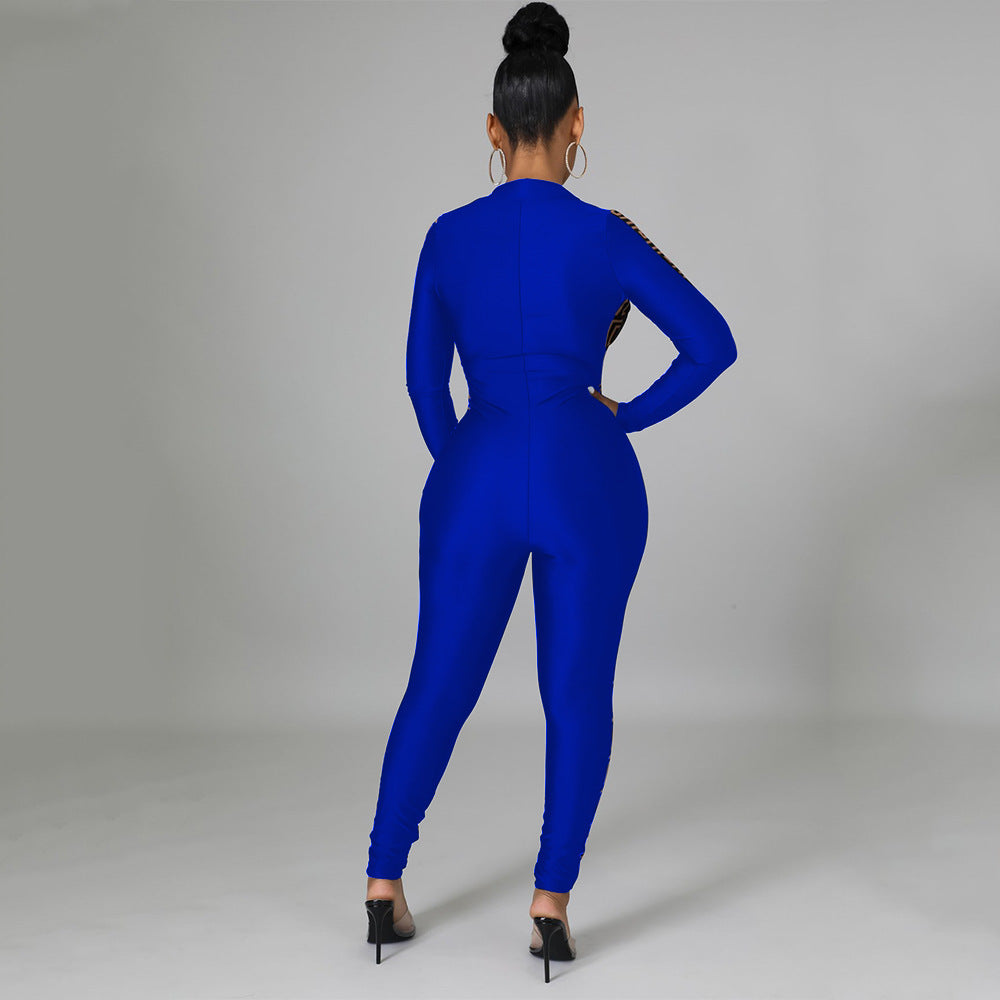 Mesh Print Stitching Long-Sleeved Jumpsuit