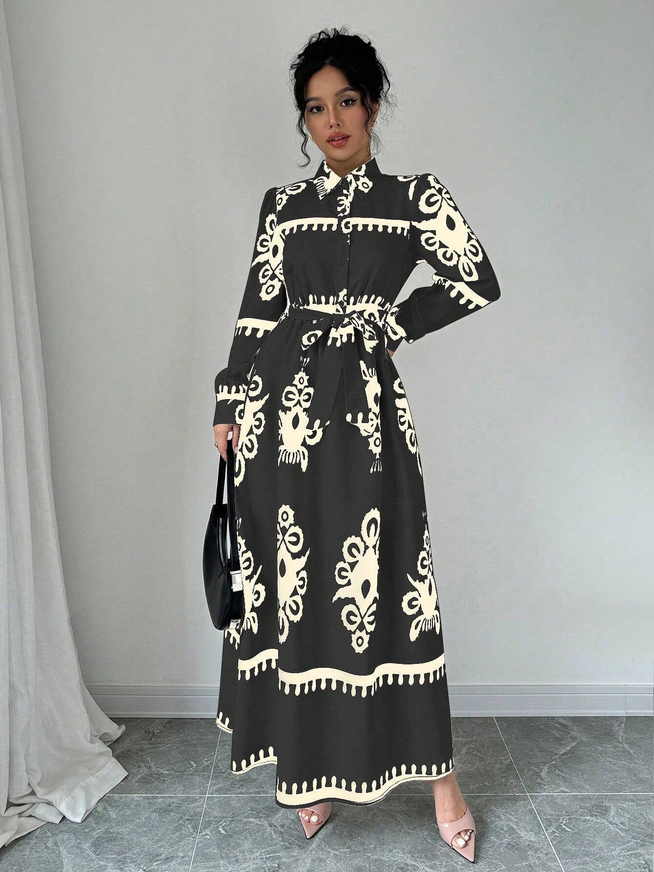 Printed Lace Up European And American Elegant Dress