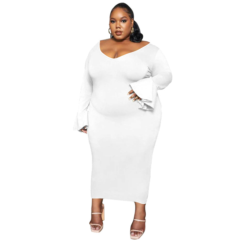 Fashionable And Sexy Plus-Size Women's Solid-Color Elegant V-Neck Maxi Dress