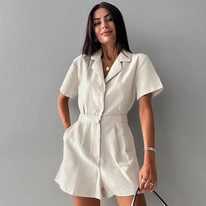 Combinaison décontractée taille haute en coton et lin à la française