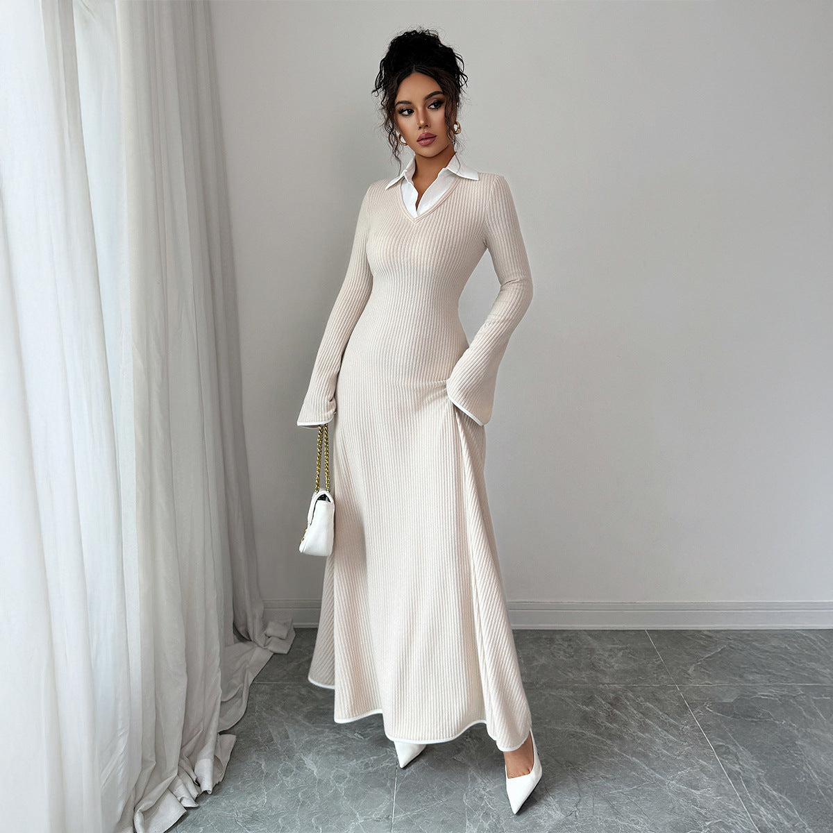 Simple And Stylish Solid Color Long Sleeve Dress For Women