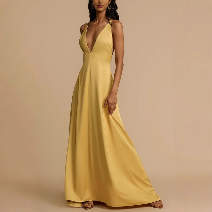 Women's Backless V-neck Satin Long Dress