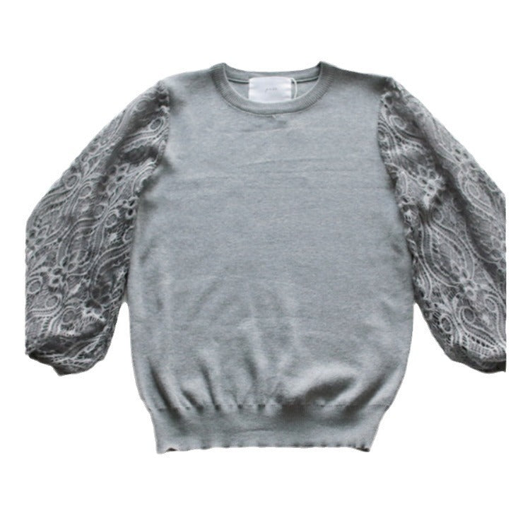 Sheer Yarn Flower Embroidered Sleeve Patchwork Knitting Bottoming Shirt