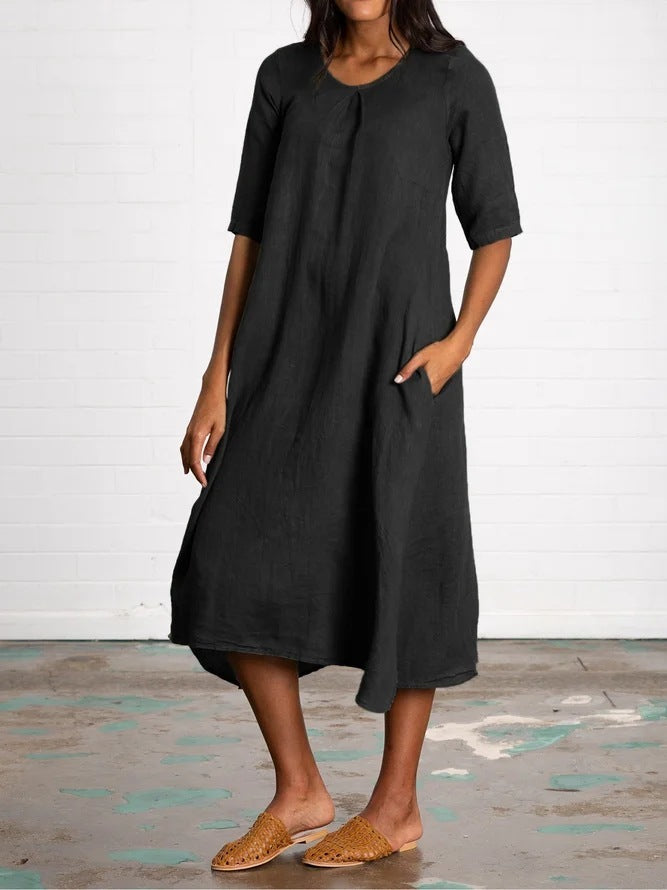 Round Neck Half Sleeve Long Solid Color Casual Cotton And Linen Dress