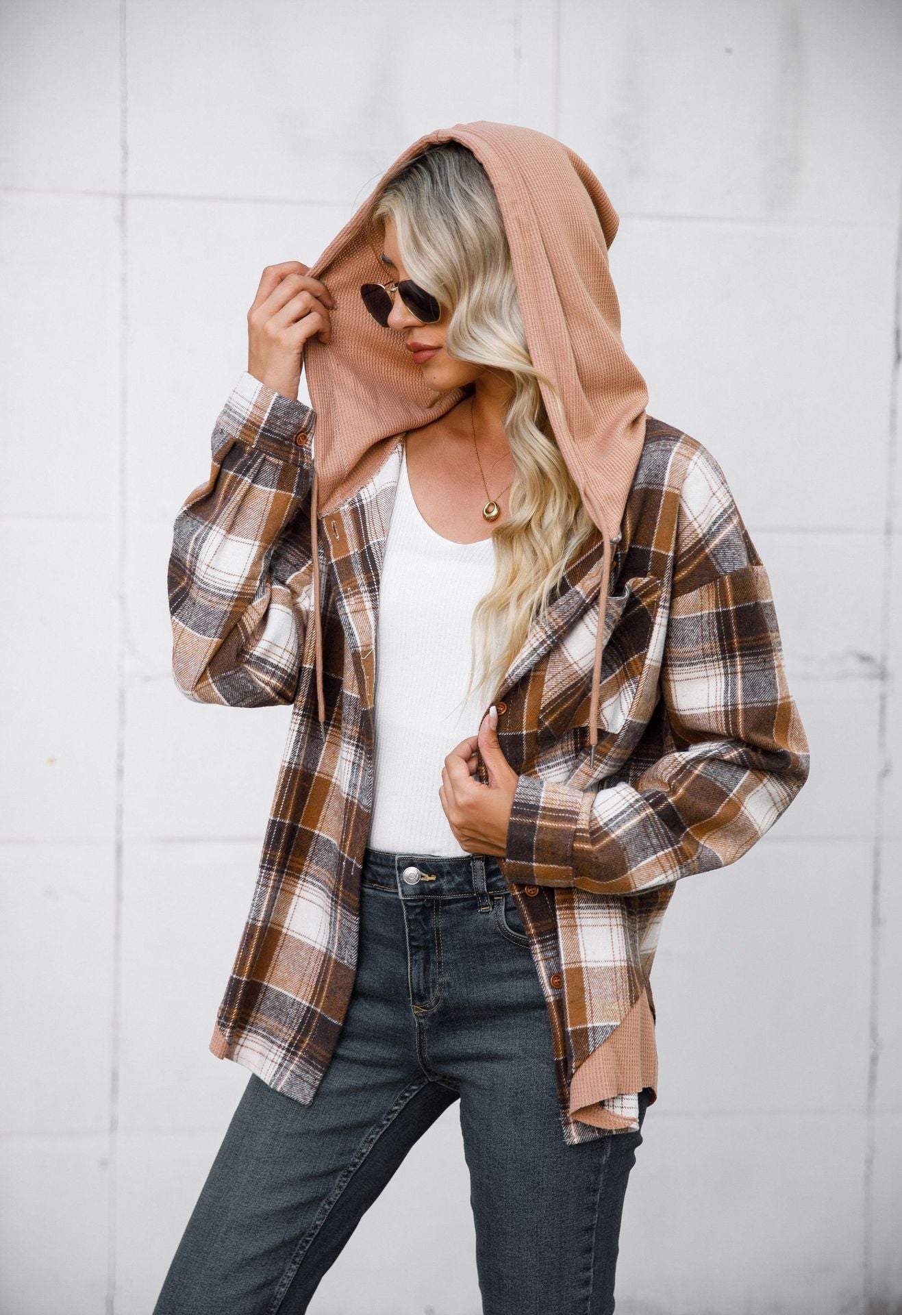 Women's Hooded Spliced Plaid Blouse Woolen Coat