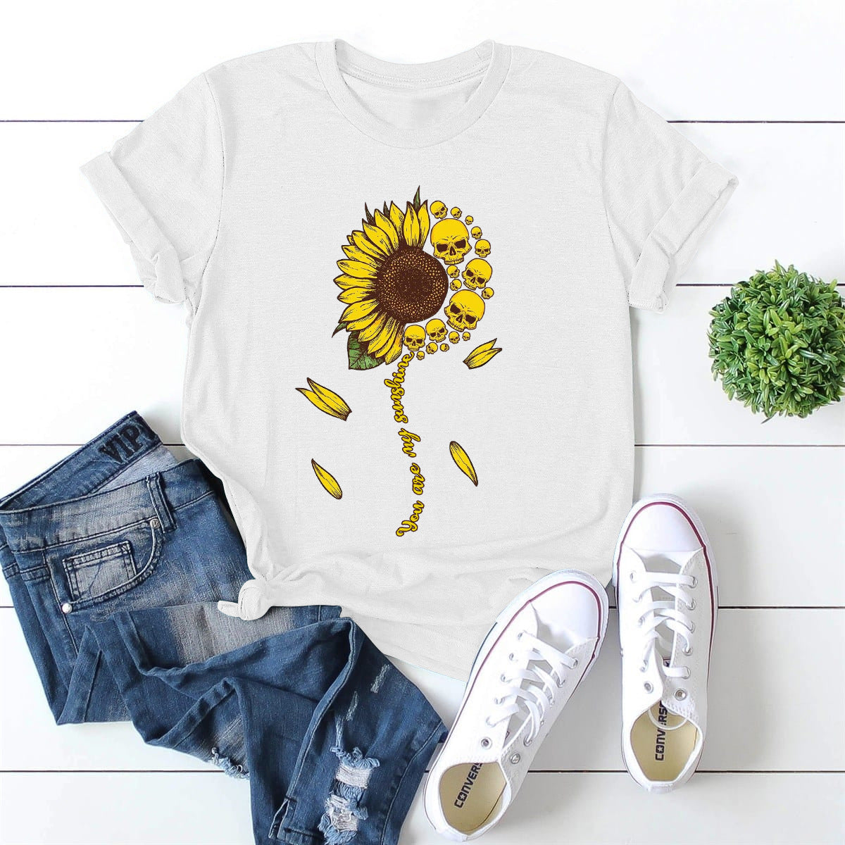 T-shirt ample à manches courtes et col rond pour femme, style européen et américain, imprimé chrysanthème