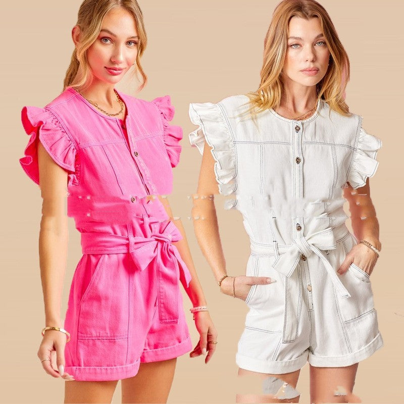 Costume short en jean décontracté à ceinture