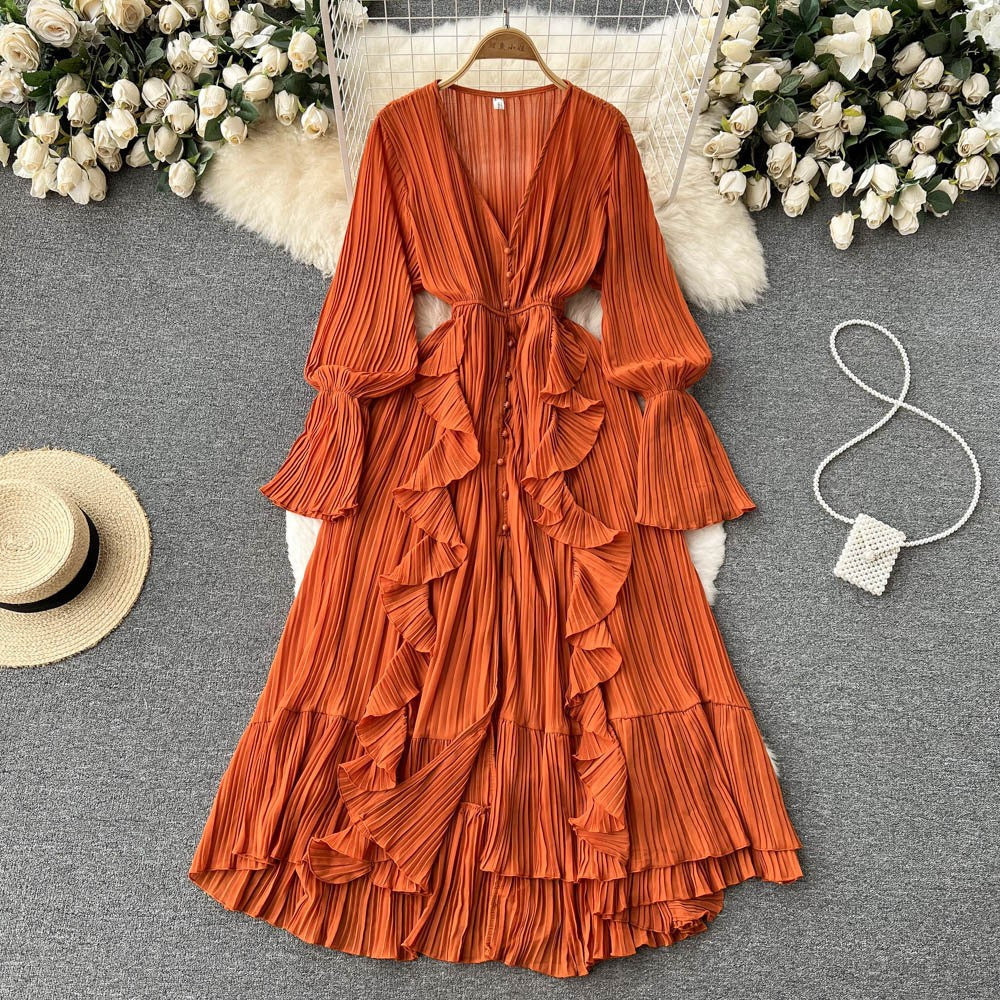 Fashion Solid Color And V-neck Ruffled Flared Sleeve Dress