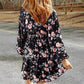 Floral V-neck Long Sleeve Pleated Elastic Waist Dress