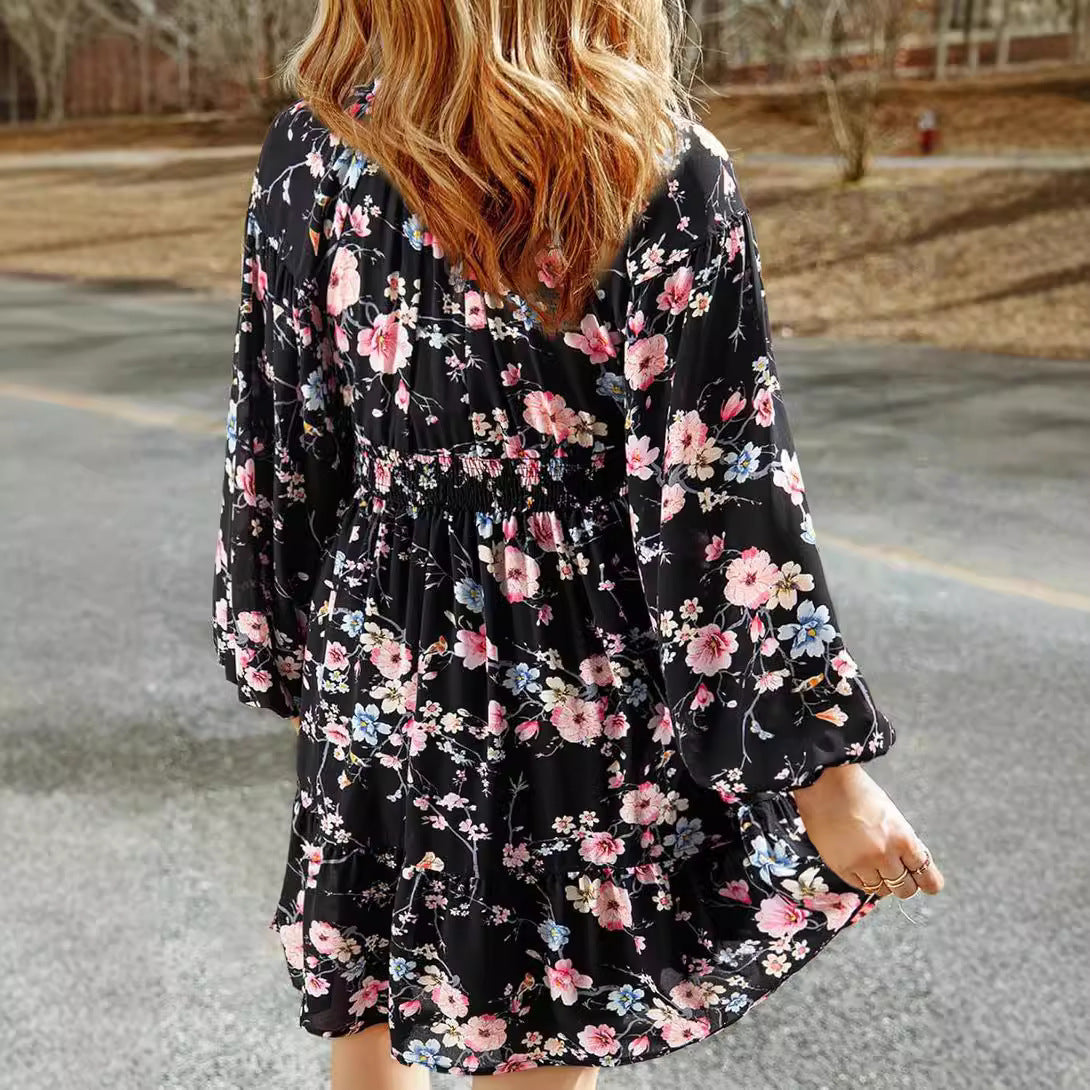 Floral V-neck Long Sleeve Pleated Elastic Waist Dress