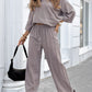 Round Neck Cotton And Linen Top Casual Lace Up Loose Pants Suit