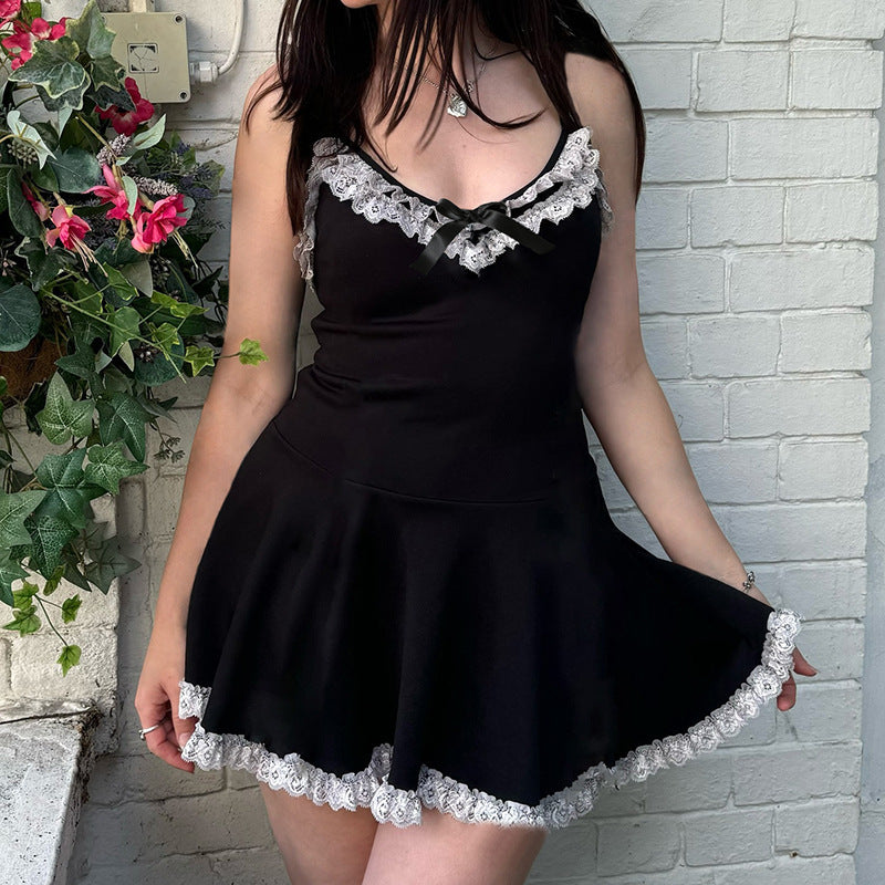 European And American Sweet And Spicy Lace Splicing Sling A- Line Skirt