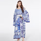 Blue And White Porcelain Printed Loose Long Sleeves Blouse Trousers Two-piece Suit
