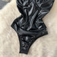 Women's PU Leather Sling V-neck Bra Bodysuit