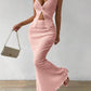 Women's Solid Color Twist Front Hanging On Neck Crop Top And Fishtail Midi Skirt