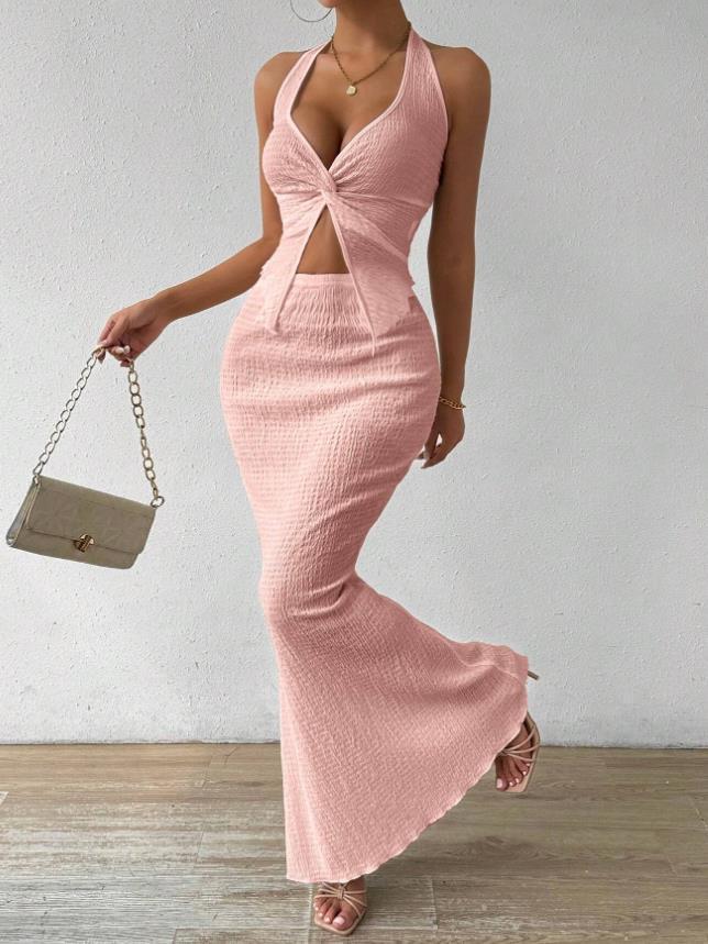 Women's Solid Color Twist Front Hanging On Neck Crop Top And Fishtail Midi Skirt