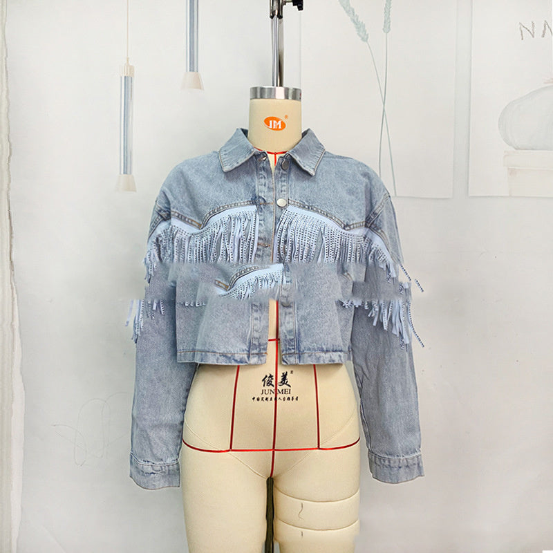 Tassel Denim Coat Short Polo Collar Jacket European And American Style