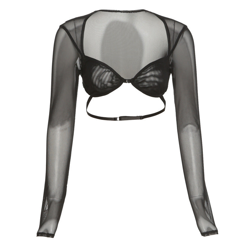 Women's Long-sleeved Square-neck Umbilical Mesh See-through Bottoming Slim T-shirt
