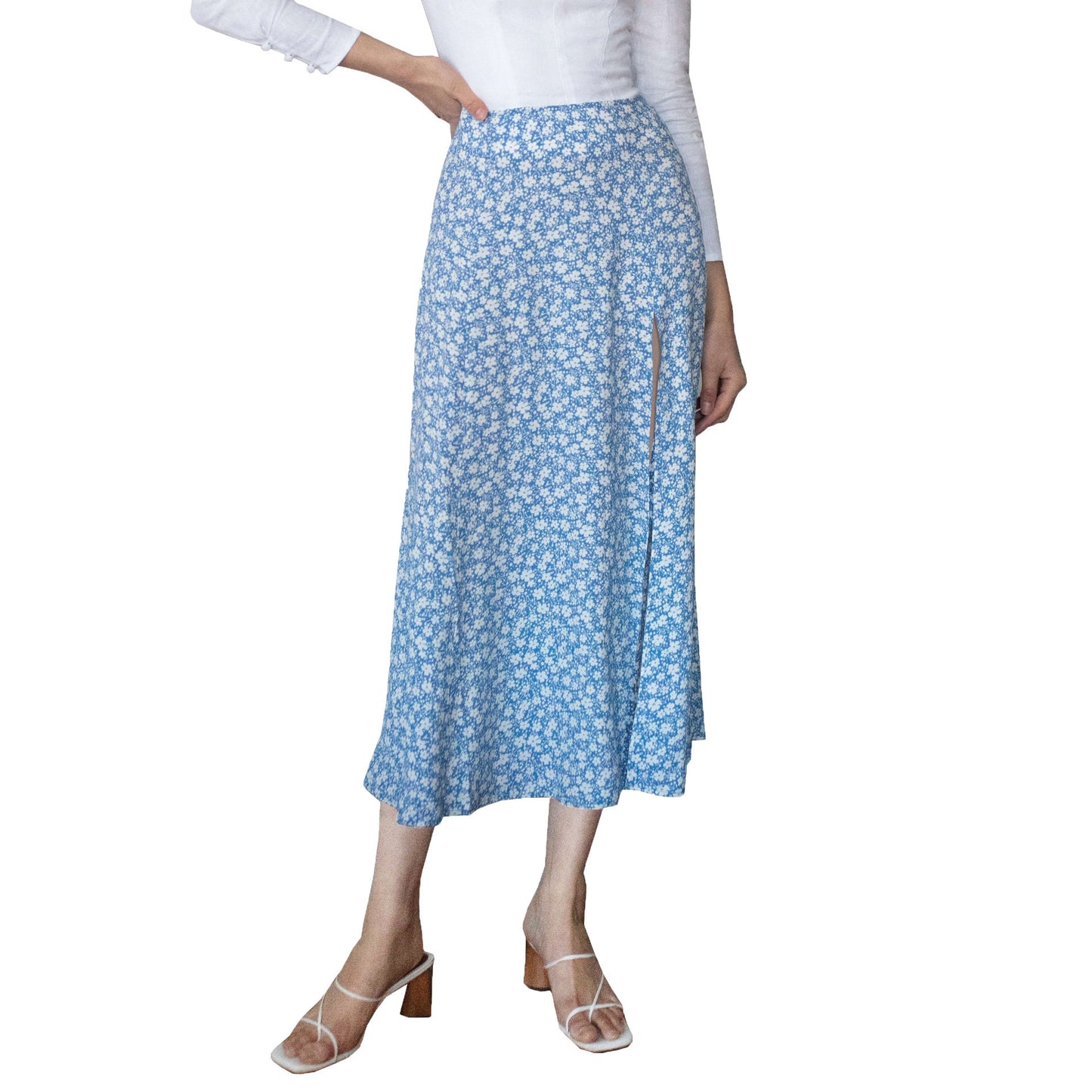 Jupe longue fendue extensible taille haute à imprimé léopard floral