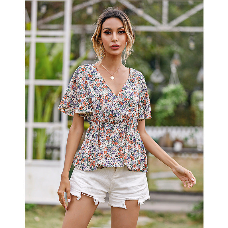 Women's V-neck Waistband Floral Shirt