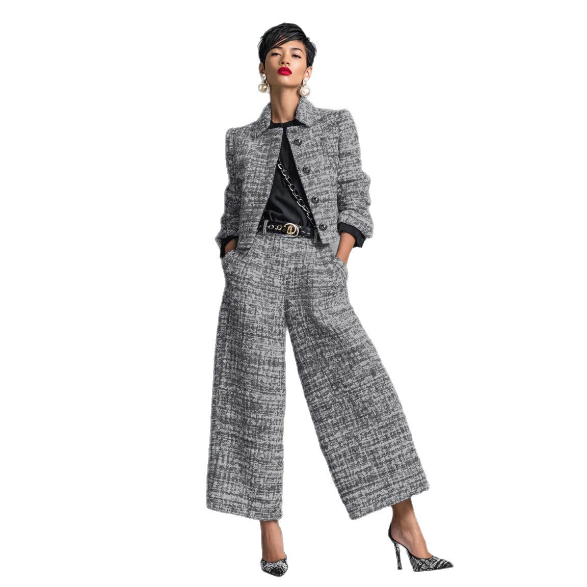 Notched Lapel Slim-fit Women's Long-sleeve Short Top With Wide-leg Pants Set