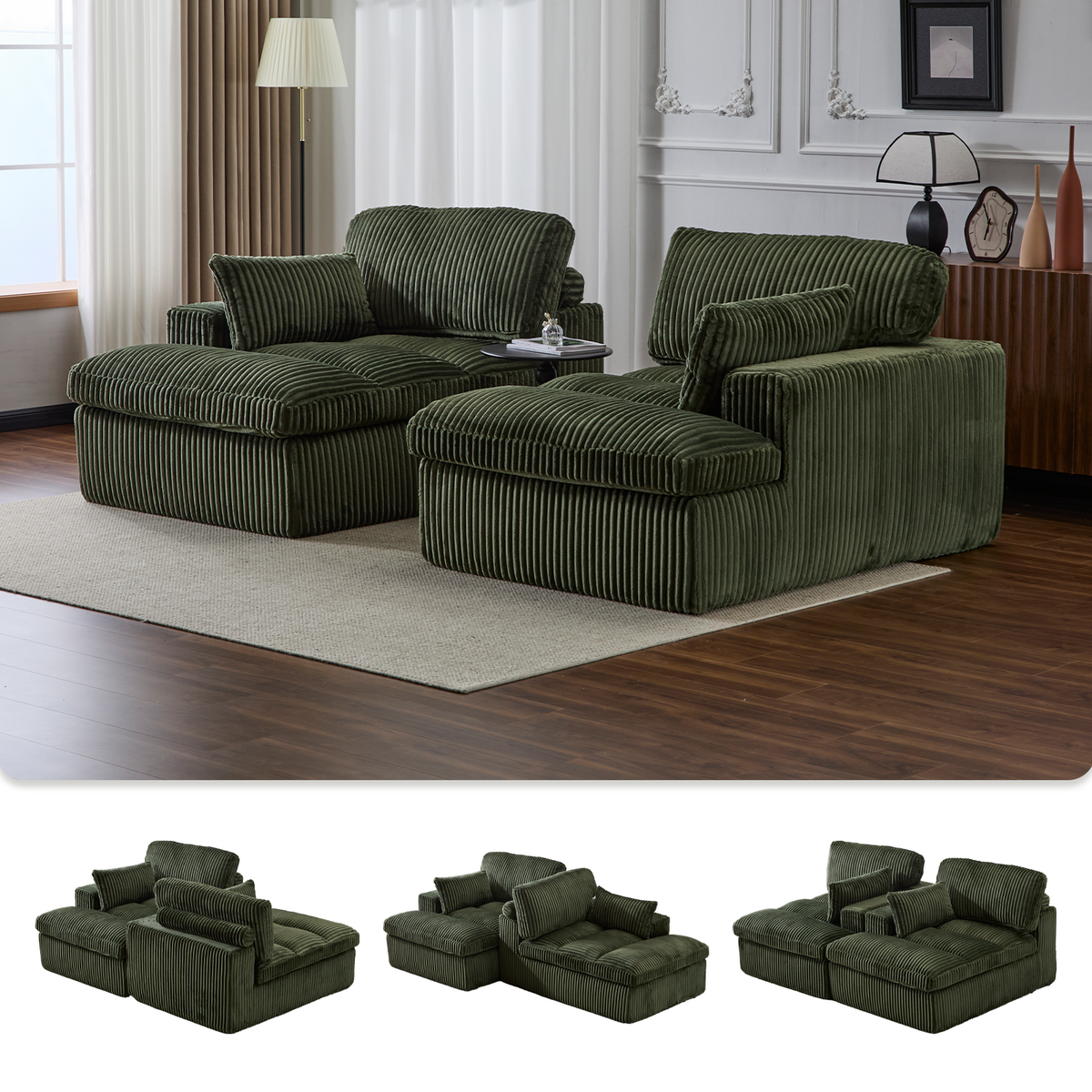 Double Chaise Lounge Chair Indoor,Oversized Upholstered Sleeper Cloud Couch,Deep Seat Luxury Sofa Bed,Sectional Sofa Chaise Love-seat,Corduroy Reading Chair For Living Room,No Assembly Required,Green
