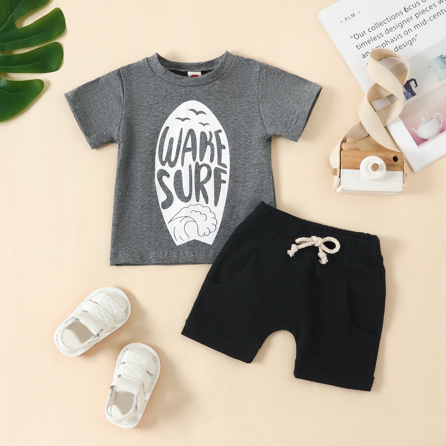 Children's Fashion Round Neck Printed Pullover Short Sleeve Shorts Suit