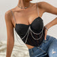 Mesh Sheer Deep V-Neck Asymmetrical Underwire Fishbone Backless Chain-Strap Top