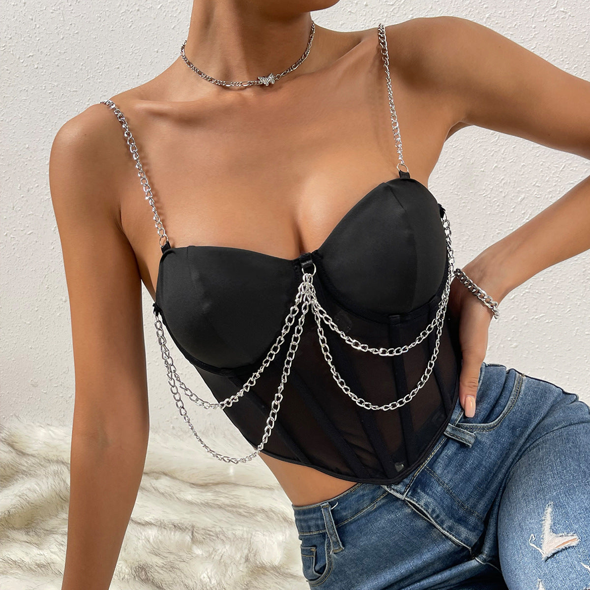 Mesh Sheer Deep V-Neck Asymmetrical Underwire Fishbone Backless Chain-Strap Top