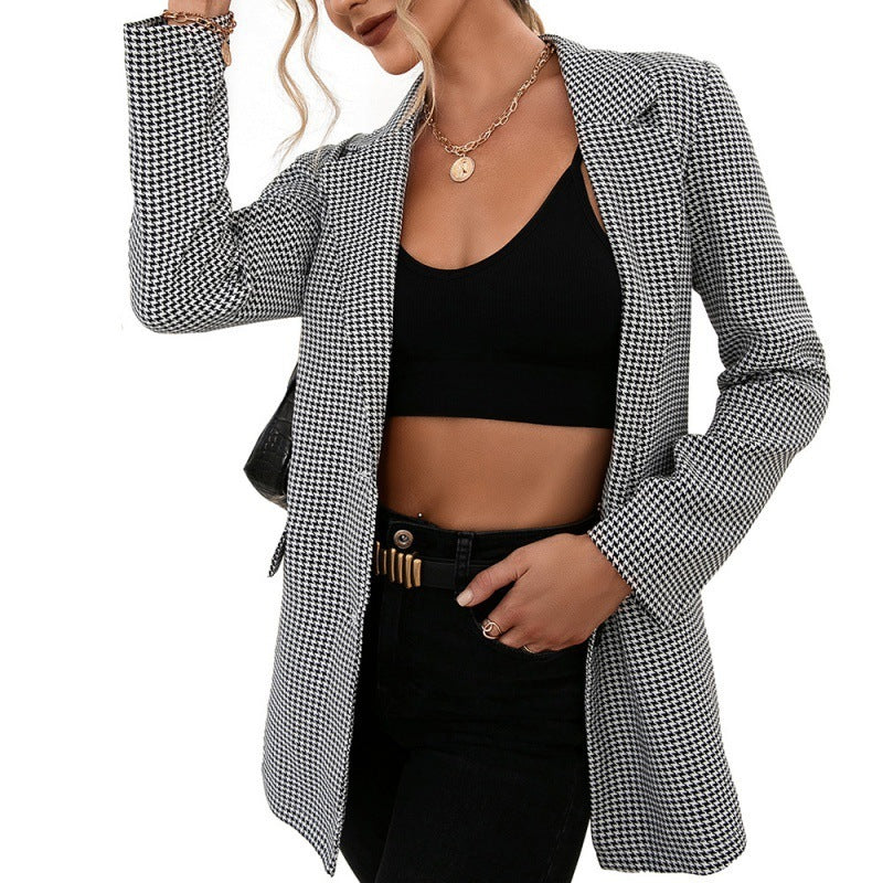 European And American Single Breasted Houndstooth Plaid Casual Suit Top