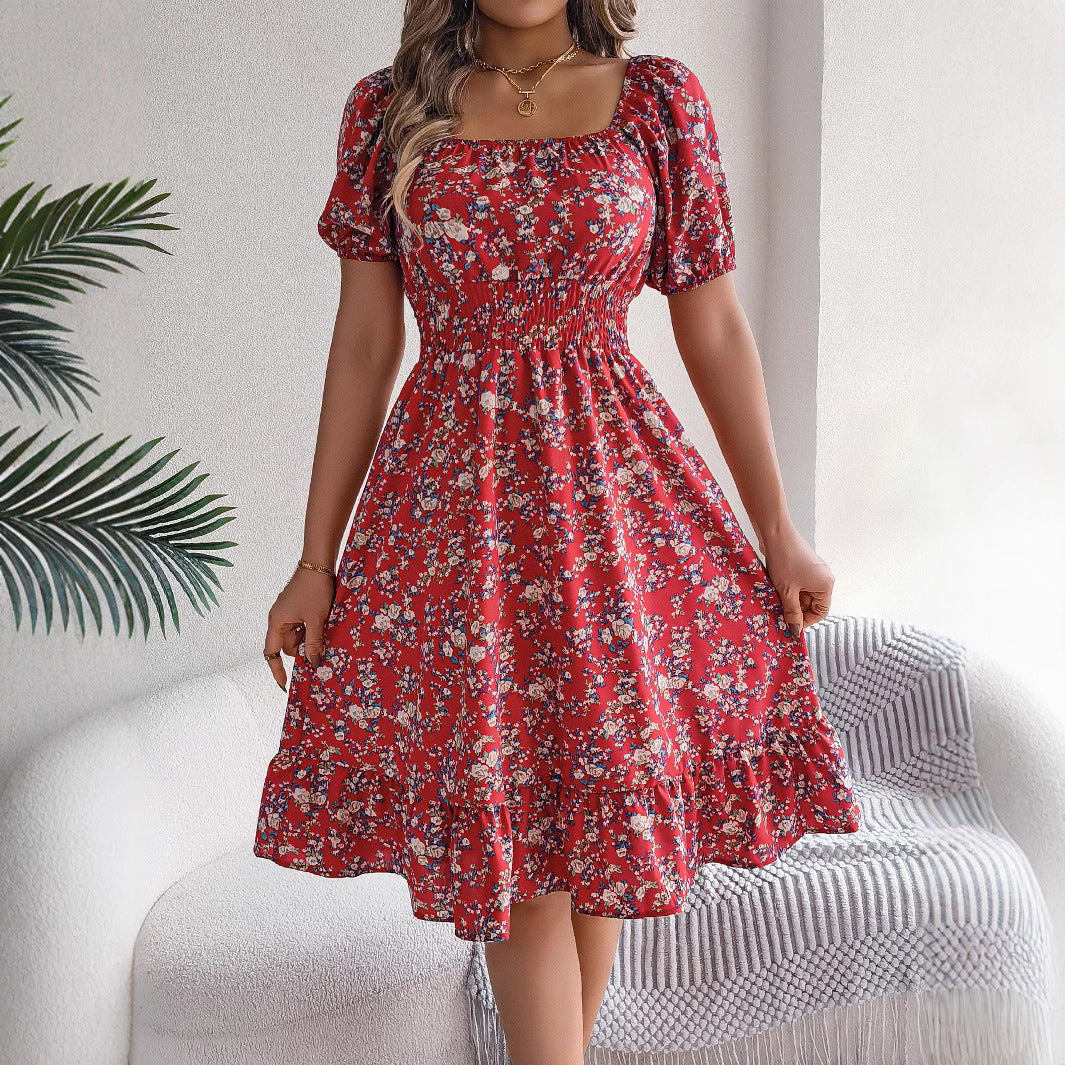 Robe à volants et col carré fleuri pour femme