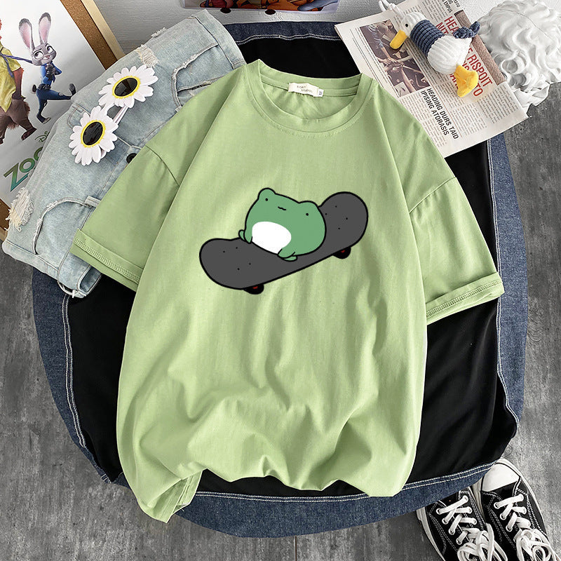 T-shirt col rond à manches courtes et col rond pour femme, vêtement simple et mignon, style grenouille, haut ample et amincissant, été