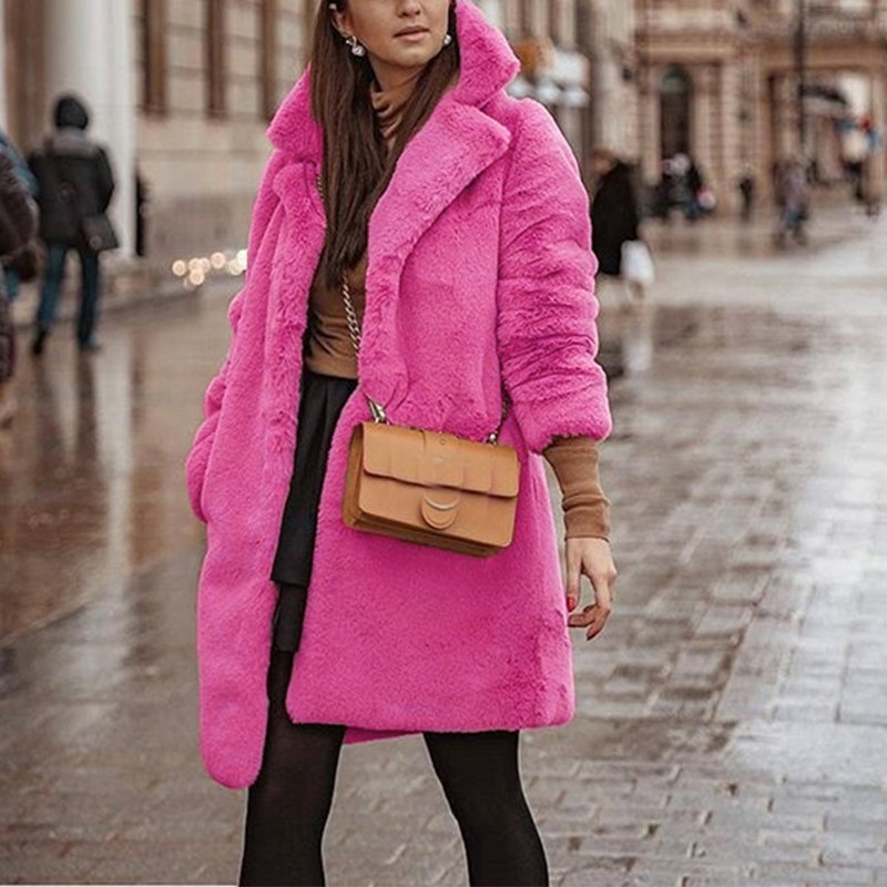 Fashion Plush Suit Collar Jacket Ladies Long Faux Fur Top