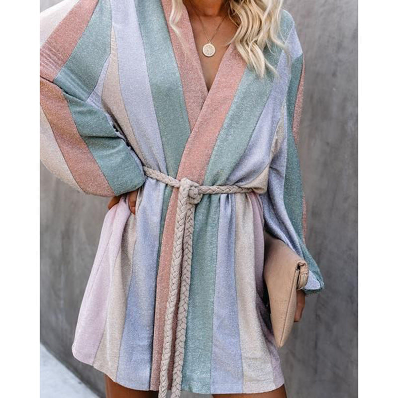 Printed Loose Belt Vertical Stripes Windbreaker Jacket