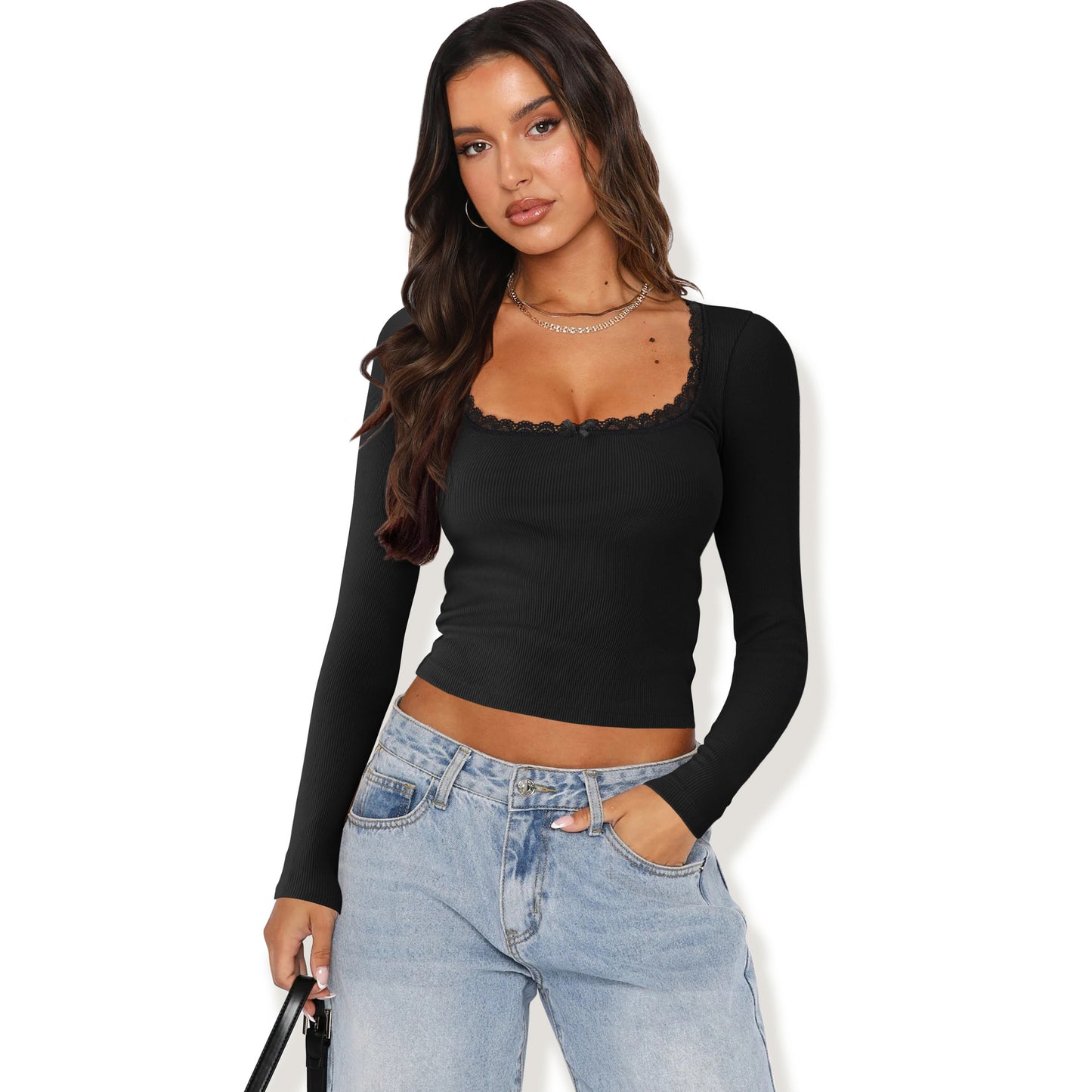 Slimming Slim Lace Stitching Top U-neck Bottoming Shirt
