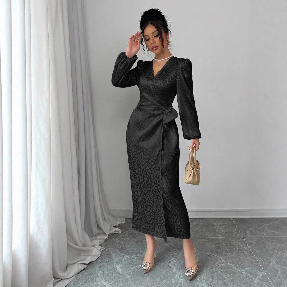 Long-sleeve Dress Leopard-print Jacquard Dress