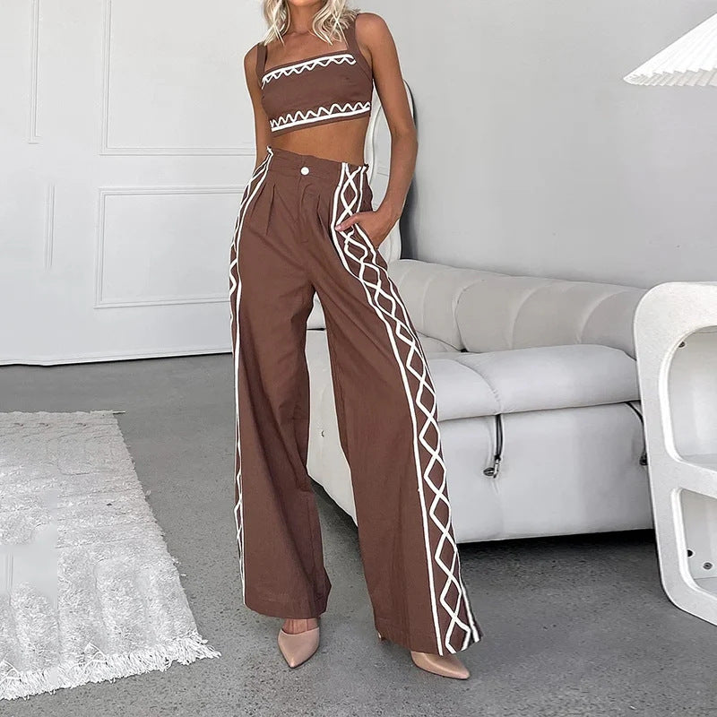 Women's Crop-top Spaghetti-strap Trousers Two-piece Suit