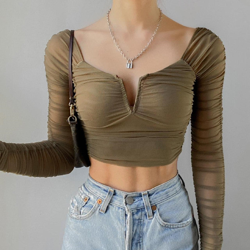 Women's Fashion Deep V Wrap Ruffled Patchwork Mesh Long Sleeve Top