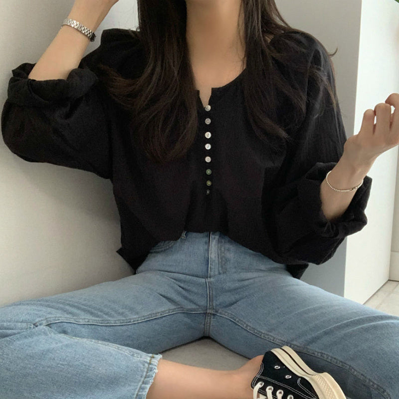 Niche Simple Round Neck Shell Button Thin Air-conditioned Shirt