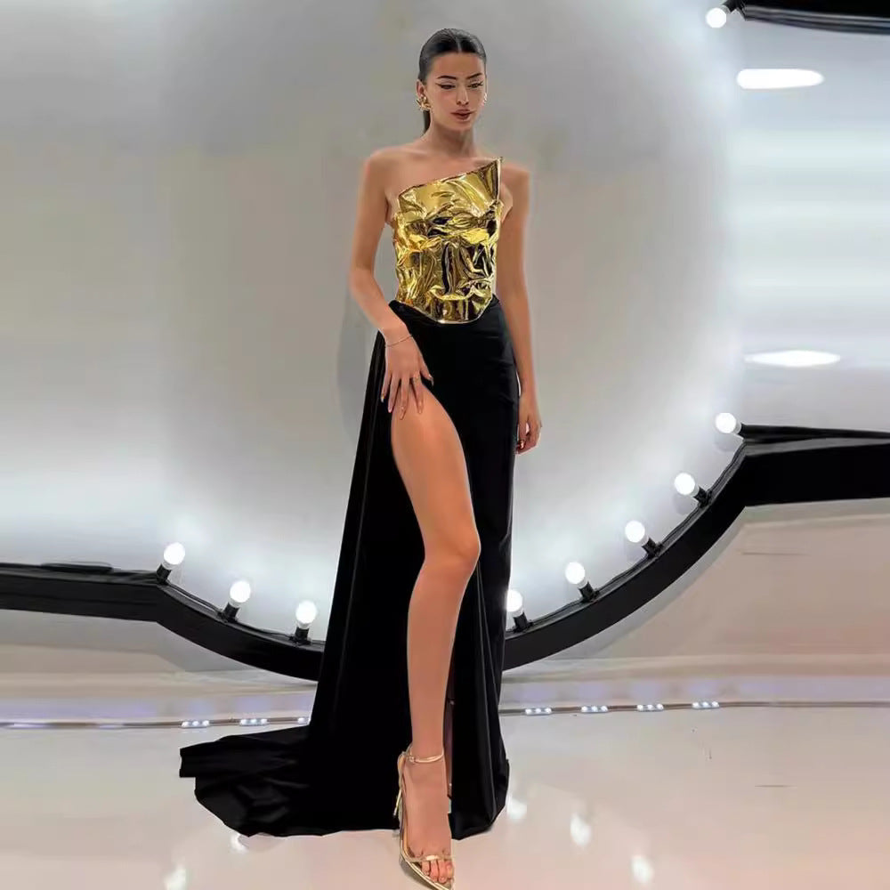 One-shoulder Leather Top Slit Mop Black Dress Two-piece Set Lacing Backless Light Dress