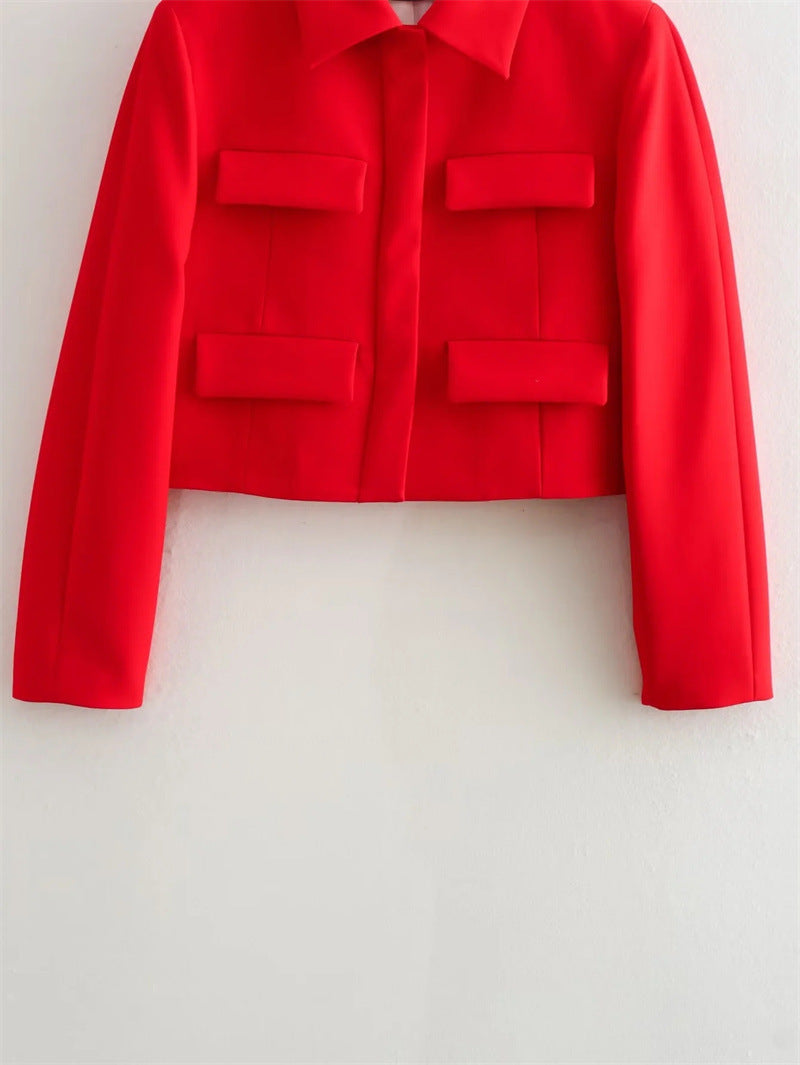 Flip Pocket Casual Women's Clothing Polo Collar Long Sleeve Suit Coat