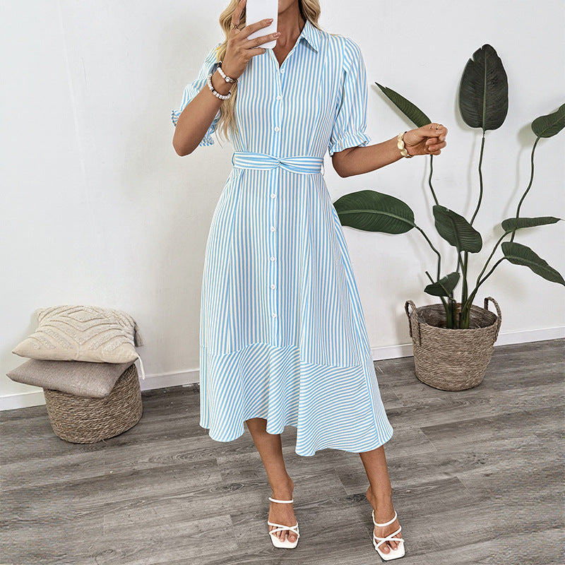 Striped Shirt-style Dress With Puff Sleeves And A Lapel Neckline