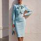 Autumn Fashion Elegant Solid-Color Waist-Cinching Dress With Bow Accent