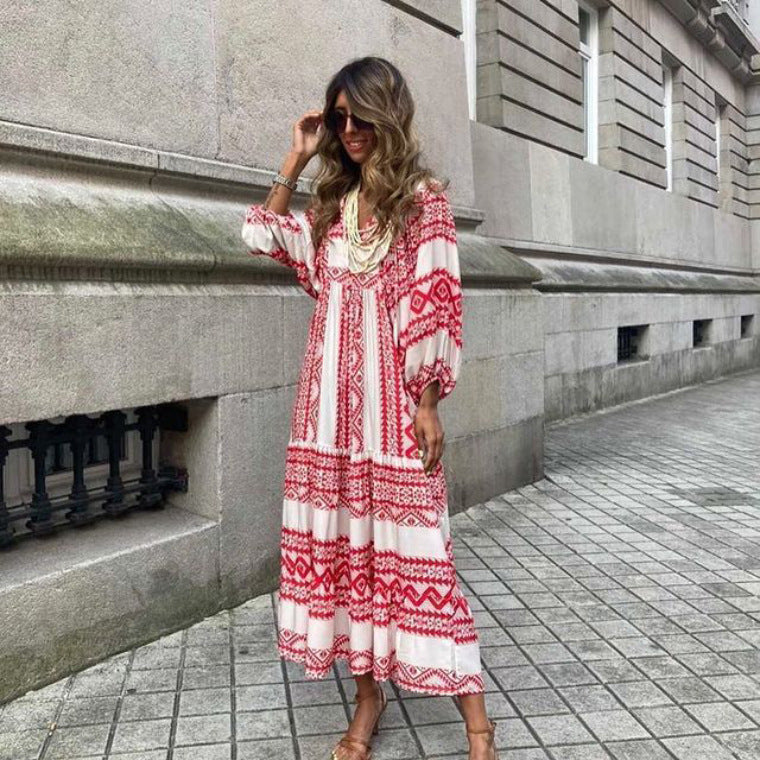 Robe d'été bohème vintage imprimée pour femme, élégante, décontractée, ample, col en V, manches courtes, longue