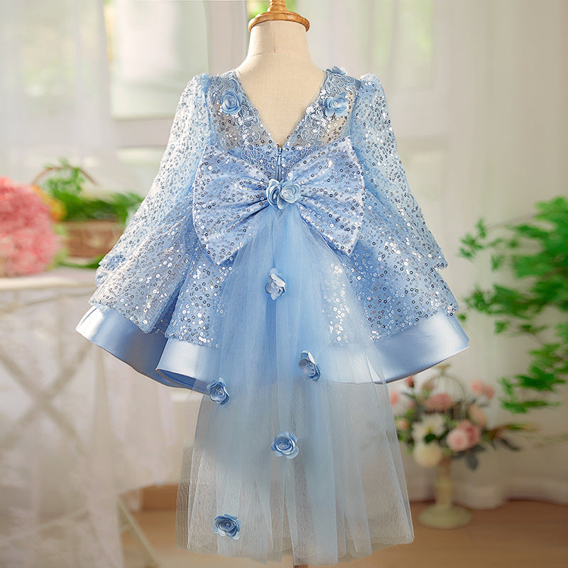 Girls' Creative Blue Sequins Puffy Gauze Princess Dress