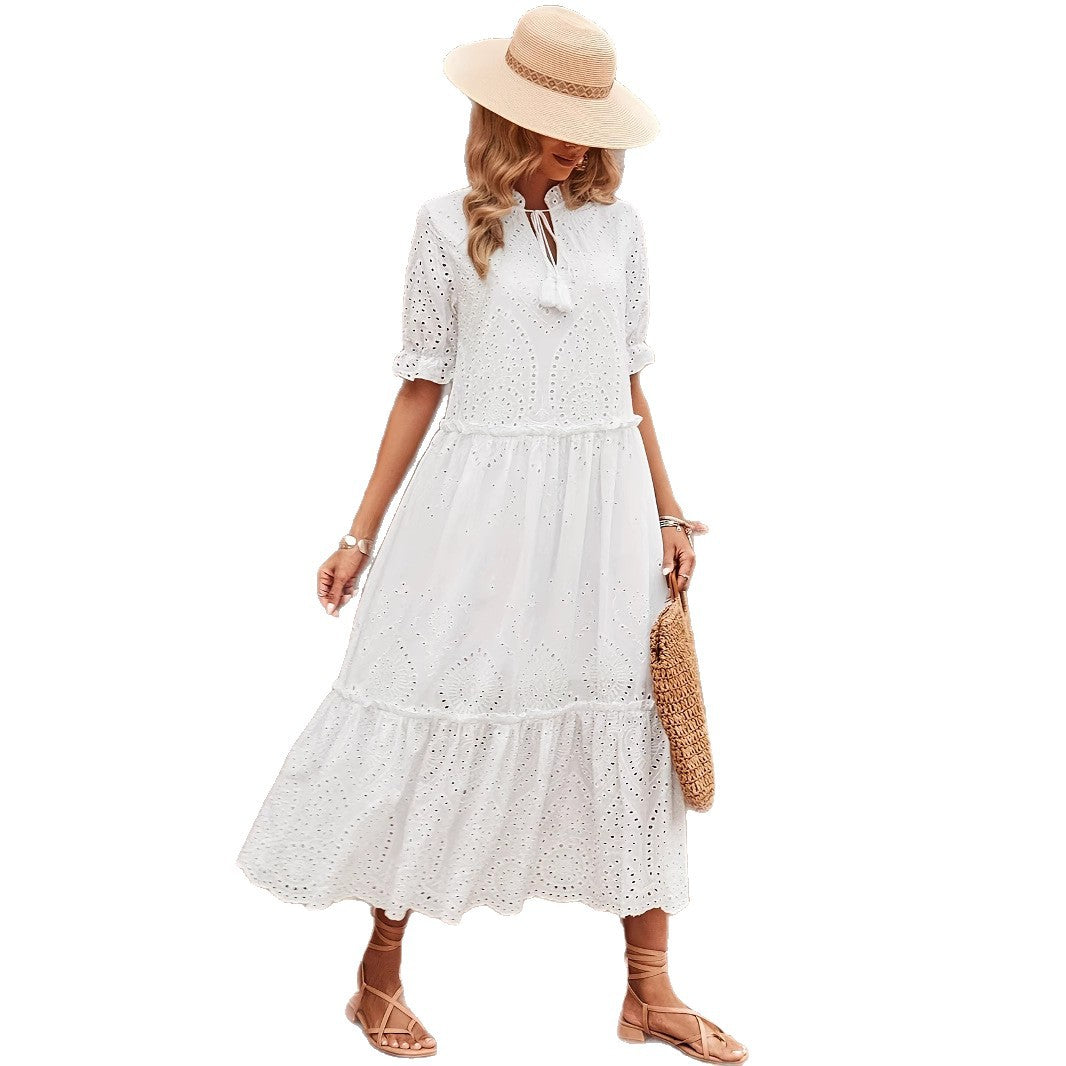 Cross-tie Spliced Long A-line Dress Elegant And Office-appropriate